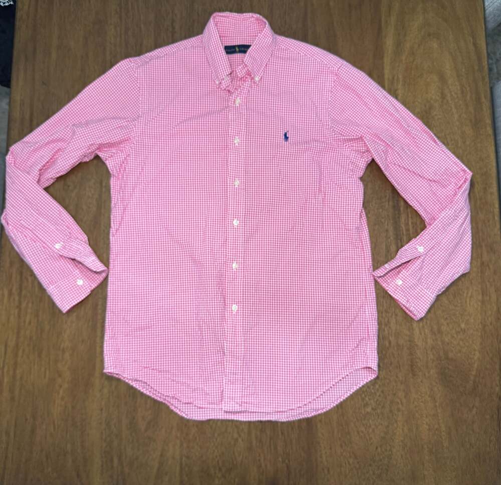 Ralph Lauren Pink White Gingham Button Down Navy Pony Shirt M
